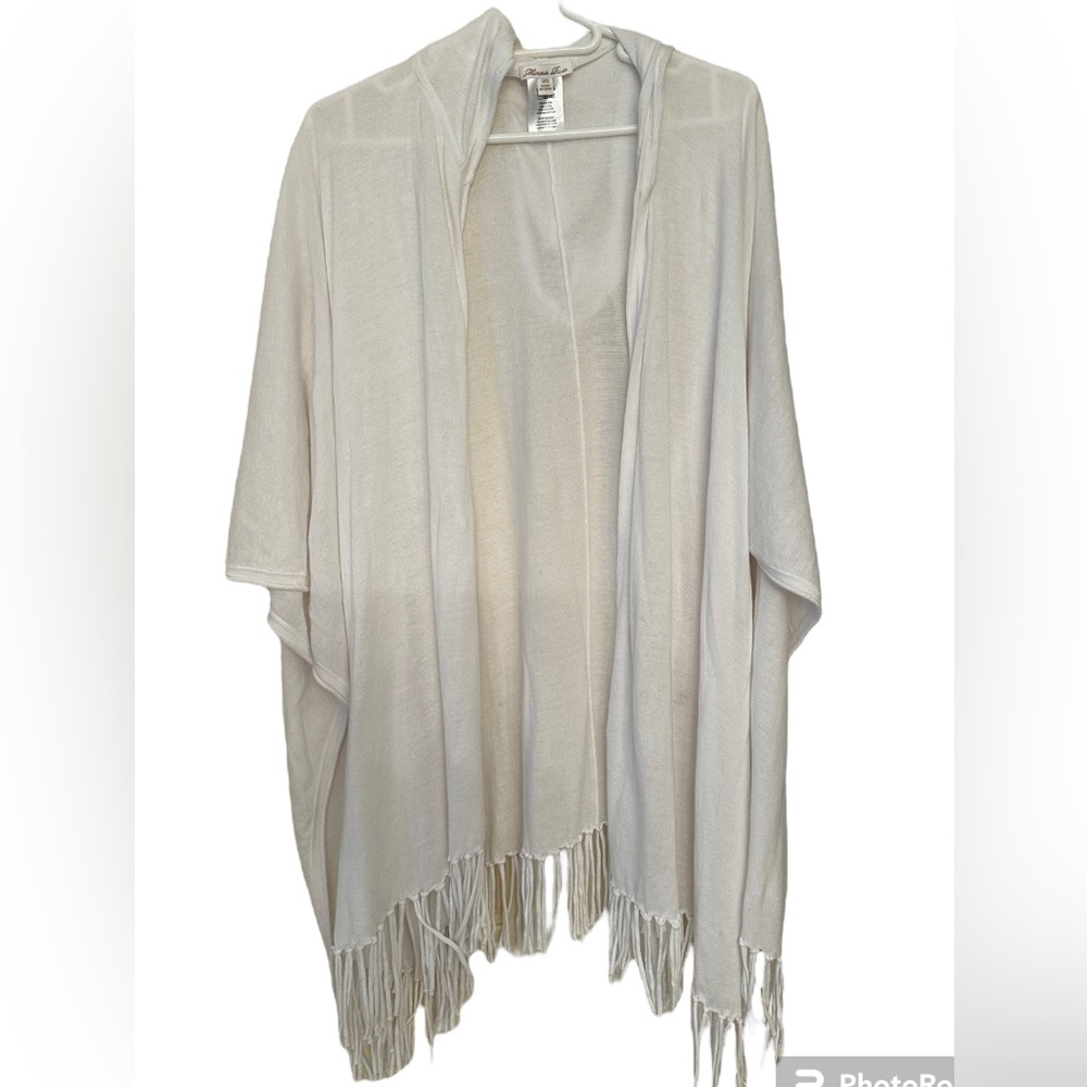 Minnie Rose Hooded White, 100% Cotton Fringe Poncho Ruana Wrap, One Size